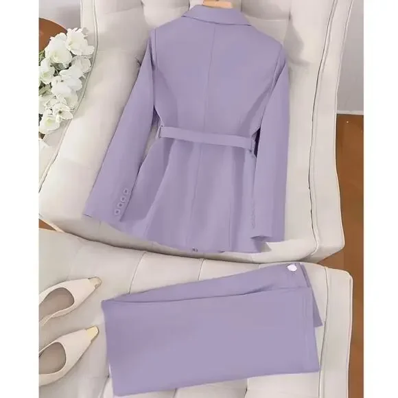 NWT ~ Women's 2 Piece Violet Purple Lined Business Pant Suit & Belt ~ Size XL - Picture 2 of 5